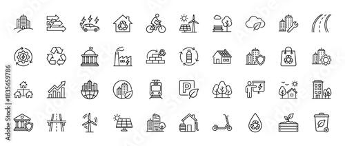 Smart city and sustainable development line icon set. Vector pictograms of renewable energy, transportation, and green building, thin outline illustration.