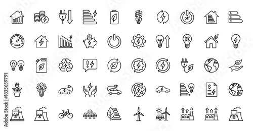 Energy and ecology line icon set. Vector pictograms of wind turbine, solar panel, electric car, and battery, thin outline illustration.