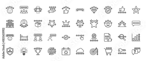 Customer experience and rating line icon set. Vector pictograms of feedback, review, quality, and star ranking, thin outline illustration.