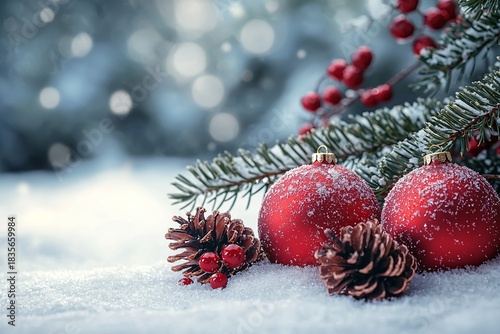 Red Christmas Ornaments and Pinecones in Winter Snow Image