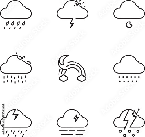 Weather icons. Weather forecast icon set. Clouds logo. Weather , clouds, sunny day, moon, snowflakes, wind, sun day. Vector illustration.
