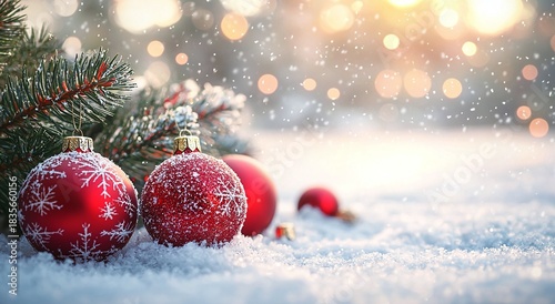 Red Christmas Ornaments in Snow with Bokeh Lights winter Image