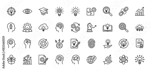 Creative idea generation line icon set. Vector pictograms of lightbulb, target, brain, knowledge, and problem-solving, thin outline illustration.