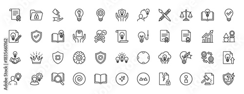 Intellectual property and creative assets line icon set. Vector pictograms of patent, copyright, idea, contract, and shield, thin outline illustration.