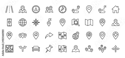 Navigation and location line icon set. Vector pictograms of map pin, route path, car, compass, and globe, thin outline illustration.