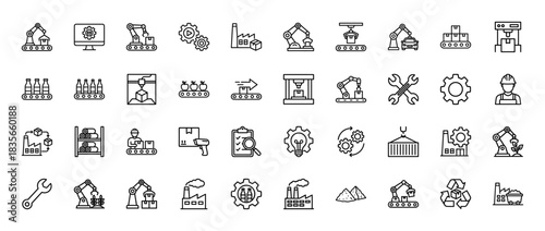 Industrial manufacturing line icon set. vector pictograms of automation, robotics, production, and assembly, thin outline illustration.