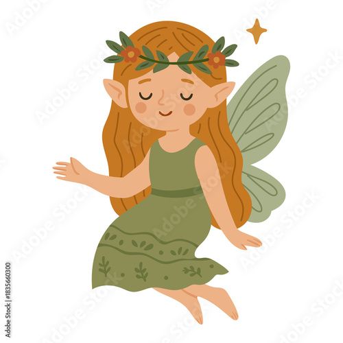 Cute fairy girl with long hair, leaf-pattern dress, and delicate wings. Perfect for children’s books, fantasy stories, stickers, and magical illustration projects