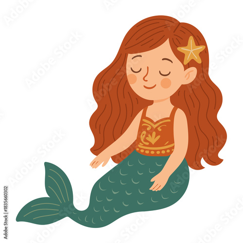 Cute mermaid girl with flowing red hair, starfish accessory, and decorative tail. Perfect for children’s books, fantasy designs, stickers, and underwater-themed illustrations