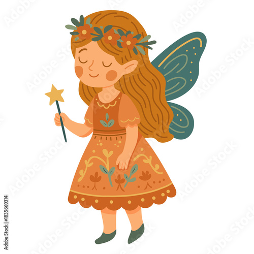 Cute fairytale fairy girl with floral dress, wings, and magic wand. Charming whimsical character perfect for kids’ books, stickers, fantasy designs, and magical illustration projects