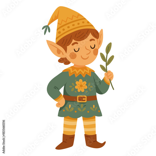 Cute fairytale elf boy holding a leaf branch, dressed in decorative folk-style clothes. Perfect for children’s books, stickers, fantasy themes, and whimsical illustration projects