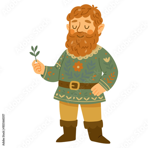 Cute fairytale man with a beard holding a small branch, dressed in folk-style clothing with floral patterns. Perfect for storybooks, sticker sets, kids illustrations, and fantasy themes