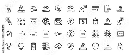 Security and privacy line icon set. Vector pictograms of password, lock, key, shield, fingerprint, and communication, thin outline illustration.