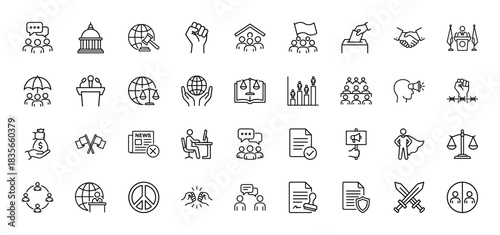 Government and democracy line icon set. Vector pictograms of handshake, vote, justice, capitol, and protest, thin outline illustration.