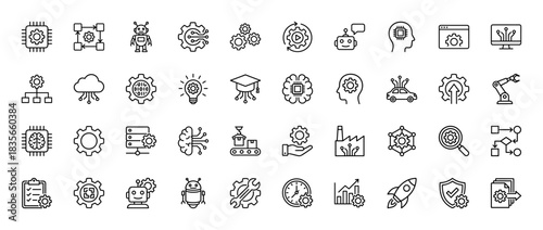 Industrial artificial intelligence line icon set. Vector pictograms of robotics, automation, processing, and cloud computing, thin outline illustration.
