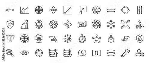 Business and technology line icon set. Vector pictograms of growth charts, gears, data security, and development arrows, thin outline illustration.