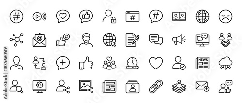 Social media and network line icon set. Vector pictograms of hashtag, like, share, profile, and globe, thin outline illustration.