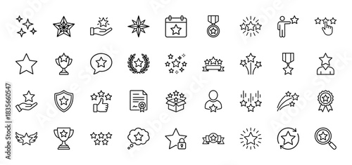 Achievement and rating line icon set. Vector pictograms of stars, medals, awards, and certification, thin outline illustration.
