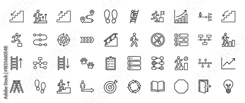 Business progress and success line icon set. Vector pictograms of growth charts, steps, ladders, and pathway symbols, thin outline illustration.