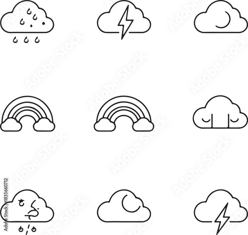 Weather forecast icon set. Rainy, storm, snow, cloudy, sunny, windy
