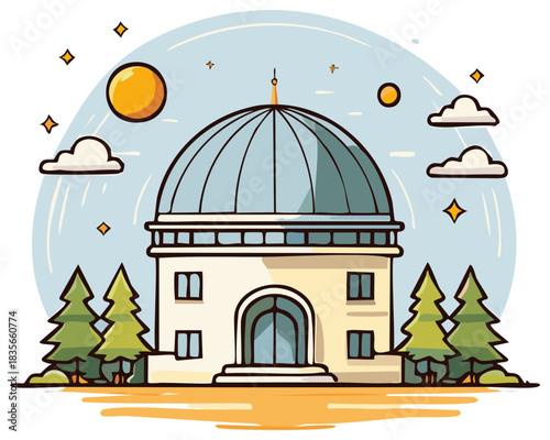Illustration of an observatory building with sun, clouds, and trees.