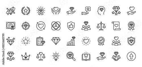 Quality and value line icon set. Vector pictograms of diamond, heart, award, certificate, and crown, thin outline illustration.