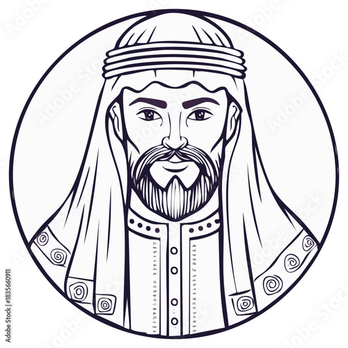 Bearded Middle Eastern Man in Traditional Arab Headdress Line Art Illustration