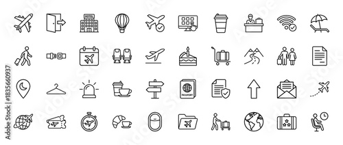 Travel and tourism line icon set. Vector pictograms of airplane, hotel, passport, baggage, and seat belt, thin outline illustration.