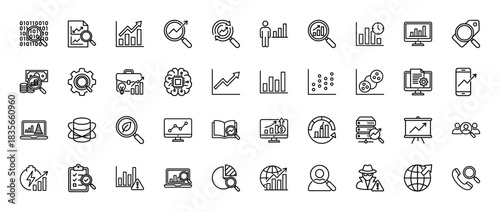 Data analysis and research line icon set. vector pictograms of charts, magnifying glass, brain, and computer monitor, thin outline illustration.