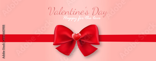 Valentine's Day card with a red bow and ribbon on a pink background.