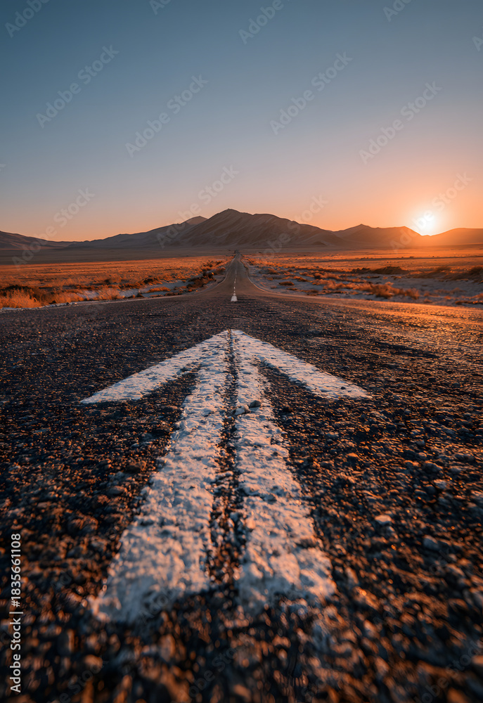 Obraz premium A straight road with an arrow painted on it leading to the horizon, symbolizing goal setting and achievement