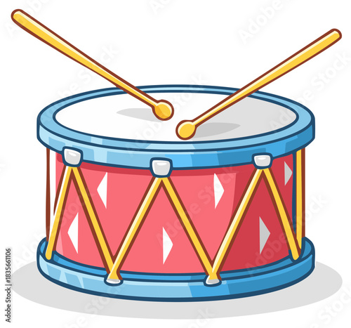 Colorful cartoon toy drum with a pair of drumsticks illustration for kids and music