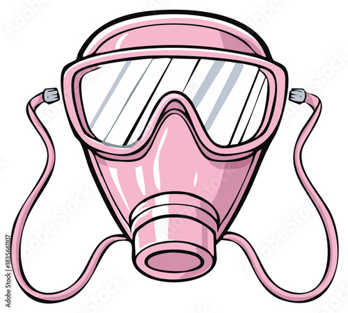 Pink full face respirator mask for safety protection with clear lenses, health hazard prevention, cartoon drawing