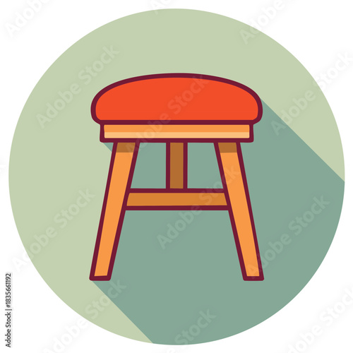Classic wooden stool with orange cushioned seat flat design vector icon