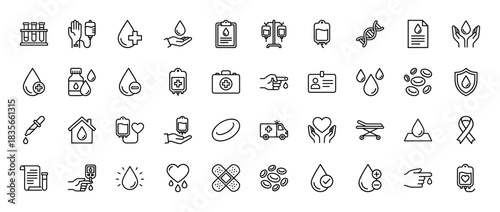Medical donation and blood analysis line icon set. Vector pictograms of blood bags, dna, first aid kit, and tests, thin outline illustration.