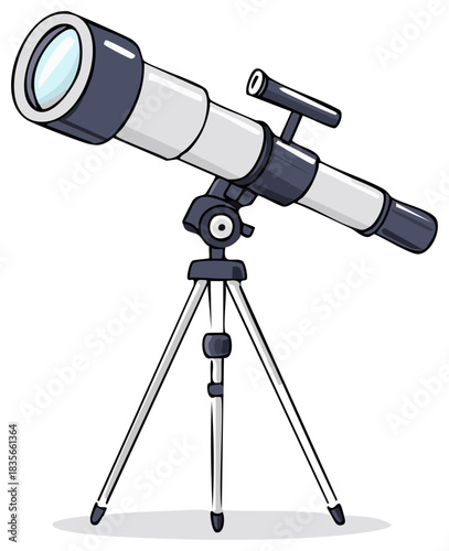 A detailed cartoon illustration of an astronomical telescope on a tripod for stargazing and science exploration