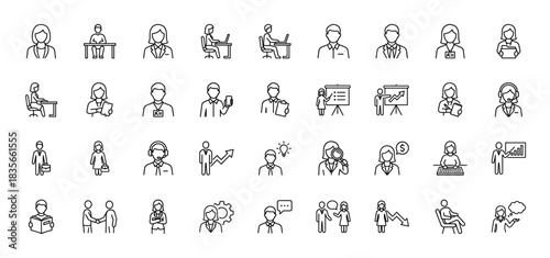 Business and office line icon set. Vector pictograms of teamwork, presentation, manager, and communication, thin outline illustration.