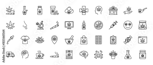 Medical cannabis line icon set. Vector pictograms of hemp leaf, joint, pills, syringe, and medicine bottle, thin outline illustration.
