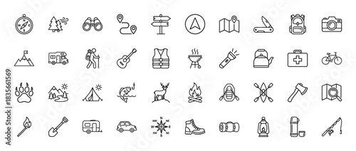 Camping and hiking line icon set. Vector pictograms of compass, tent, backpack, campfire, and pocket knife, thin outline illustration.