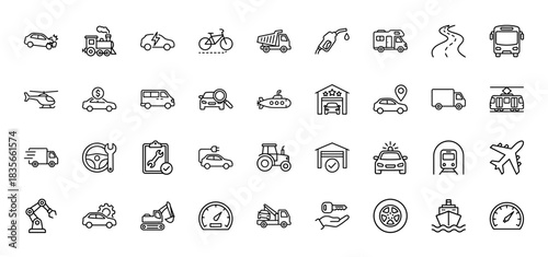 Transportation line icon set. Vector pictograms of car, truck, train, airplane, ship, and maintenance services, thin outline illustration.