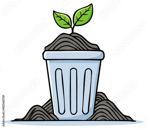 Tiny green seedling sprouts from rich dark soil in a light blue pot