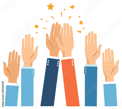 Illustration of hands clapping and stars for concept of applause, appreciation, or teamwork.