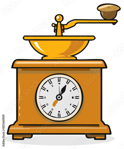 Illustrated vintage wooden coffee grinder with analog clock face.