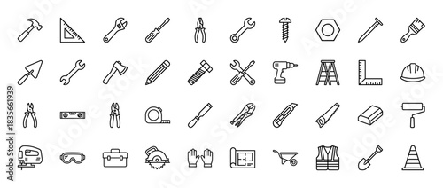 Construction and carpentry tools line icon set. Vector pictograms of hammer, wrench, screwdriver, saw, and safety helmet, thin outline illustration.