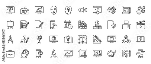 Creative and design line icon set. Vector pictograms of camera, portfolio, idea, calendar, and computer, thin outline illustration.