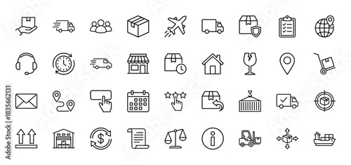 Logistics and delivery line icon set. Vector pictograms of shipping box, truck, warehouse, and plane, thin outline illustration.