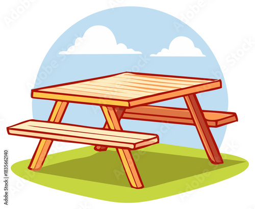 Cartoon wooden picnic table with benches outdoors in green grass and blue sky with clouds