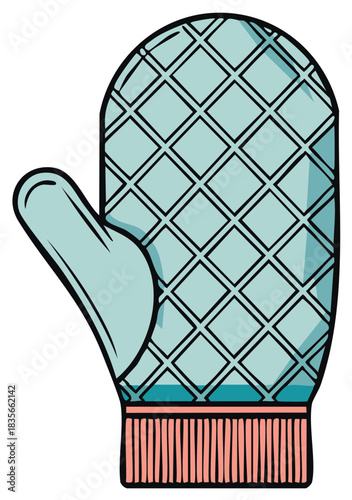 Aqua blue quilted oven mitt with ribbed coral cuff kitchen safety baking cooking illustration