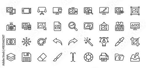 Photography and image editing line icon set. Vector pictograms of camera, layers, brush, crop, and save, thin outline illustration.