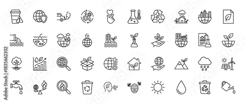 Ecology and environment line icon set. Vector pictograms of recycling, global warming, nature, and renewable energy, thin outline illustration.