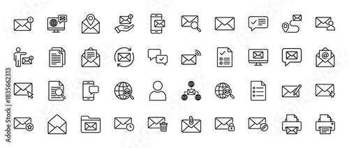 Messaging and communication line icon set. Vector pictograms of envelope, mail, notification, search, and document, thin outline illustration.